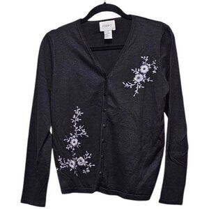 Jenny Womens Black Floral Embroidered Cardigan Sweater S Ramie‎ & Cotton Blend